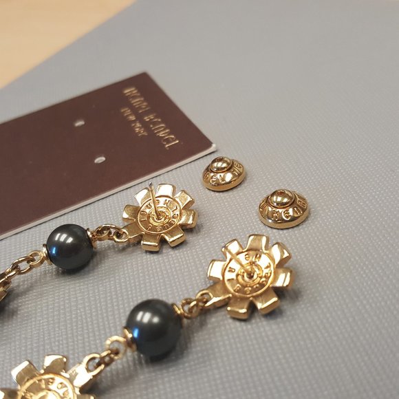 RARE Henri Bendel Black PEARL Cocktail Dangle Drop Earrings Yellow GOLD Swarovsk - Picture 8 of 10